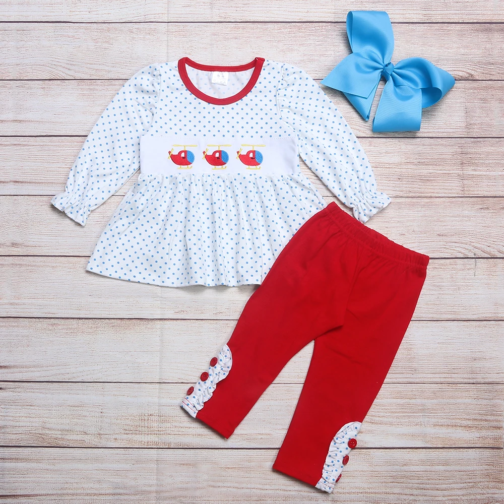 

Осенняя одежда для девочек, белая юбка с длинным рукавом и синим принтом в горошек и красные брюки, наряды для девочек с вышивкой в виде трех ...