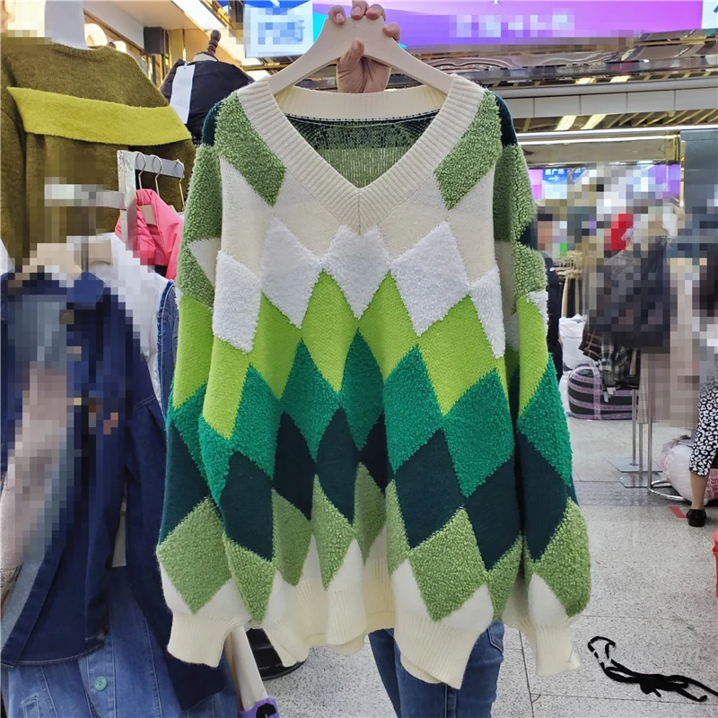 

Женский свободный пуловер с V-образным вырезом, зимний удобный свитер контрастных цветов из овечьей шерсти, 2021