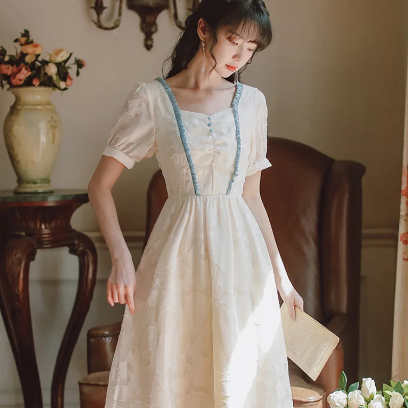

Design Sense Niche High Waist Slimming Dress Female Summer New Style French White Long A-line Skirt Apricot Square Neck