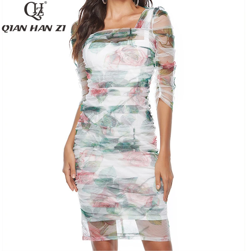 

Дизайнерское модное летнее платье Qian Han Zi, женское платье с рукавом 3/4, элегантное облегающее платье с принтом роз