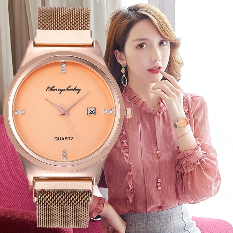 Часы RoseGold женские кварцевые с календарем Модные Простые Наручные сетчатым