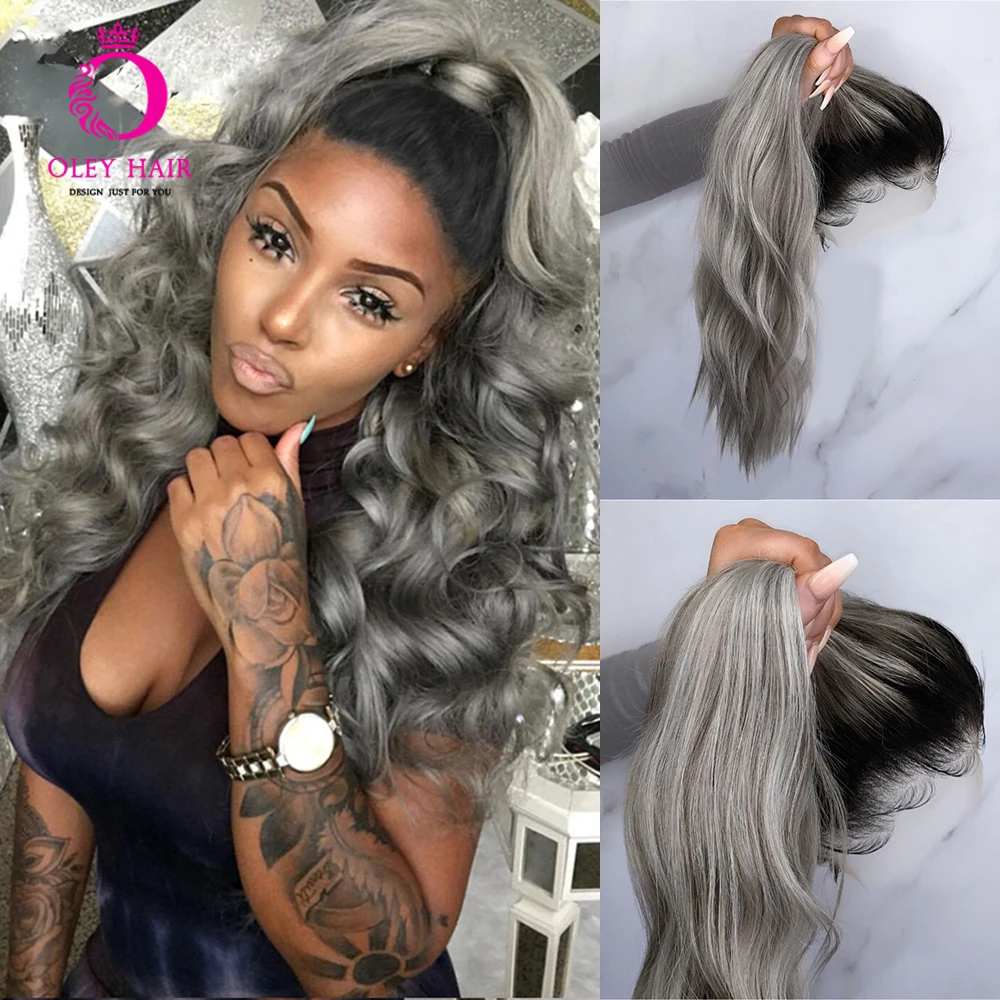 OLEY Hair Wavy Dark Grey Wig Glueless Straight Synthetic Lace Front Wig Loose Wave Ombre Cosplay Wigs For Black Women