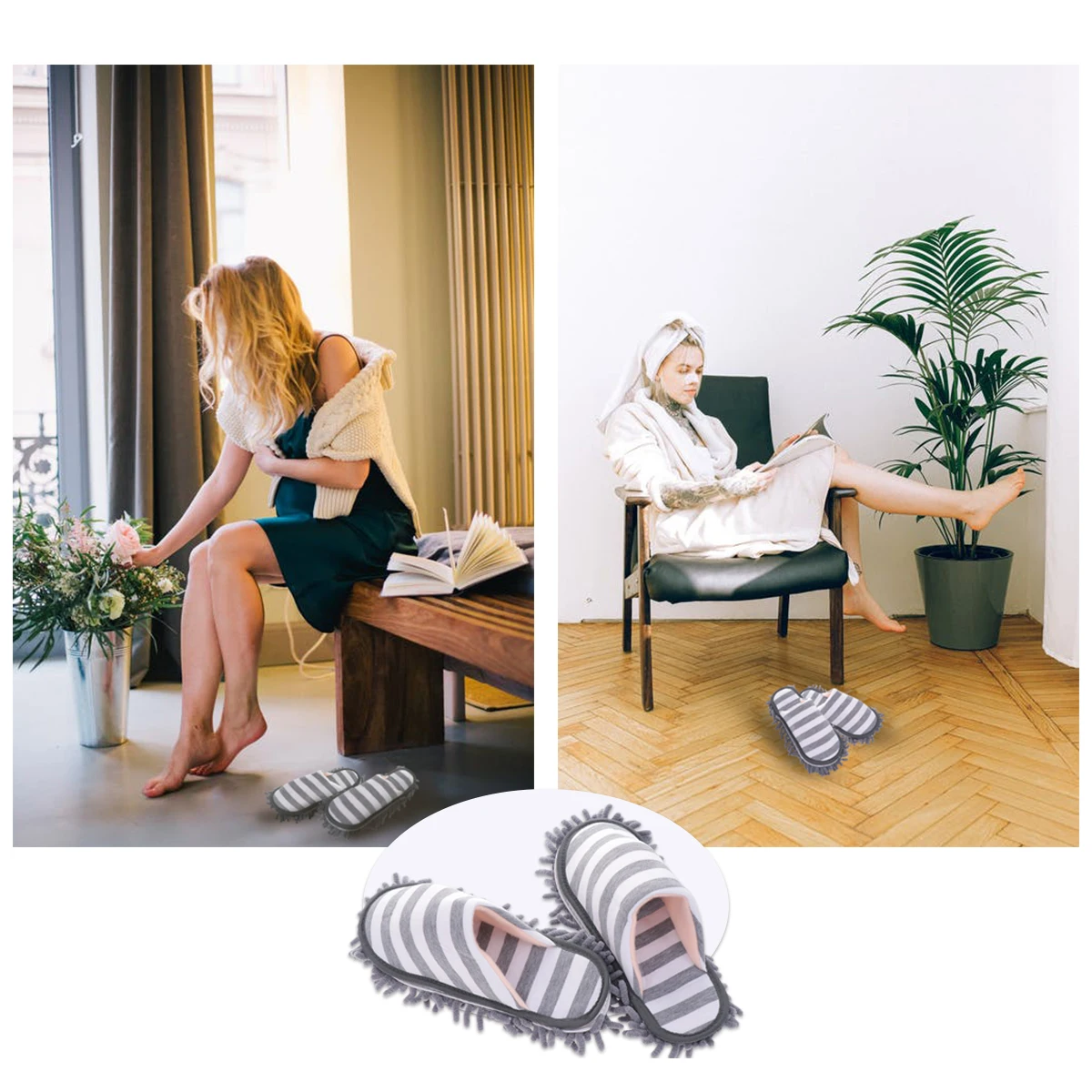 

Northern Europe Ins Style Thick Striped Double Layer Removable and Washable Chenille Bottom Lazy Floor Home Mopping Slippers