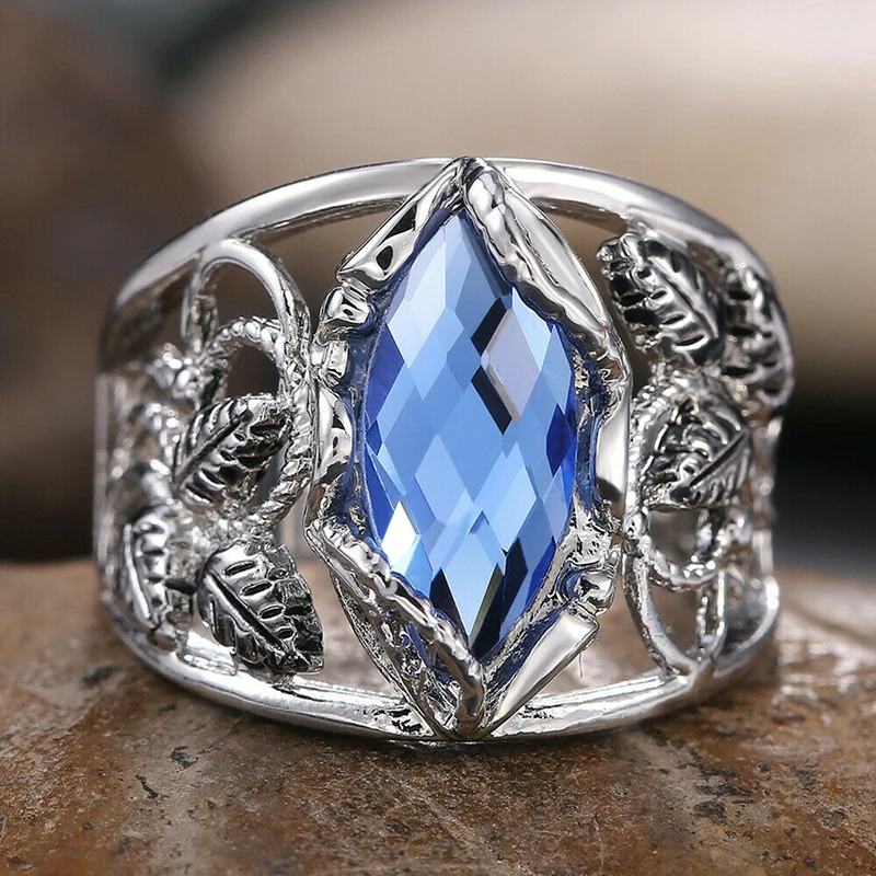 

Luxury Blue Zircon Stone Wedding Rings Fashion Jewelry Metal Vine Leaves Crystal Engagement Ring Men Women Jewelry Z3P927