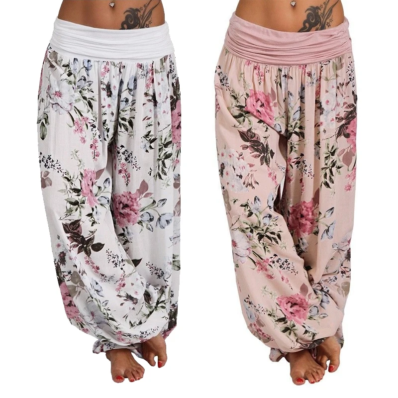 

Women Bohemian Floral Print Long Pants 2021 Mid Waist Vintage Harem Pants Elastic Waist Boho Beach Trousers Plus Size M-XXL