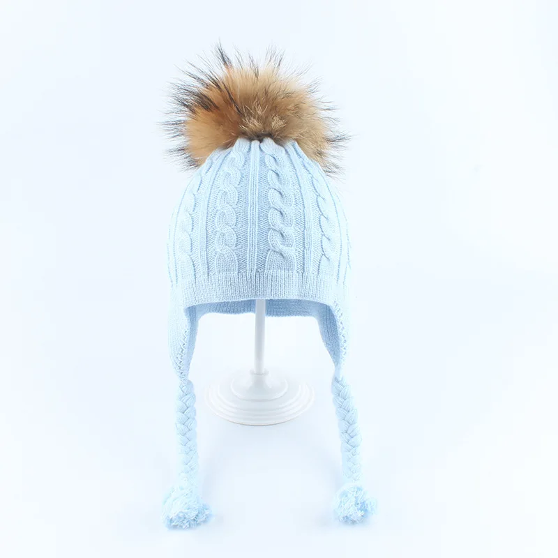 blue 1pom Детская зимняя шапка из натурального меха с помпоном, узор в виде косички Детский Зимний вязаный комплект шапки для девочек и мальчиков, вязаная шапка бини с наушниками, ухо Кепки для детей - Цвет: blue 1pom