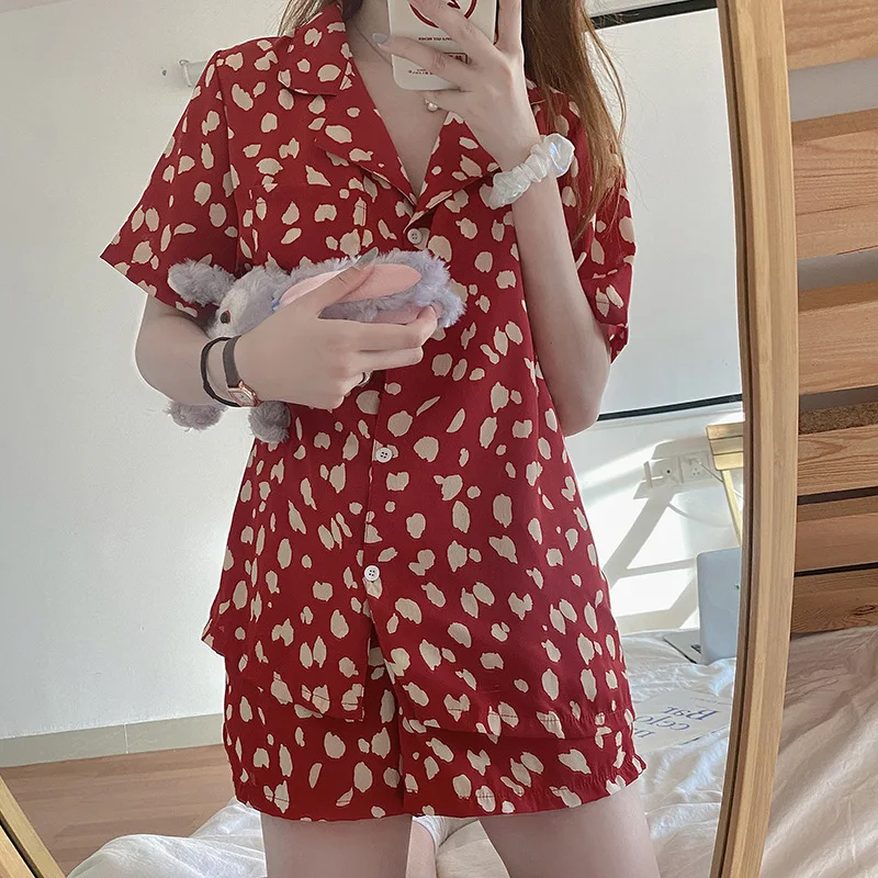 

Women's pajamas set summer pajamas girl sweet girl cardigan printing short sleeve short sleeve student home wear two piece set