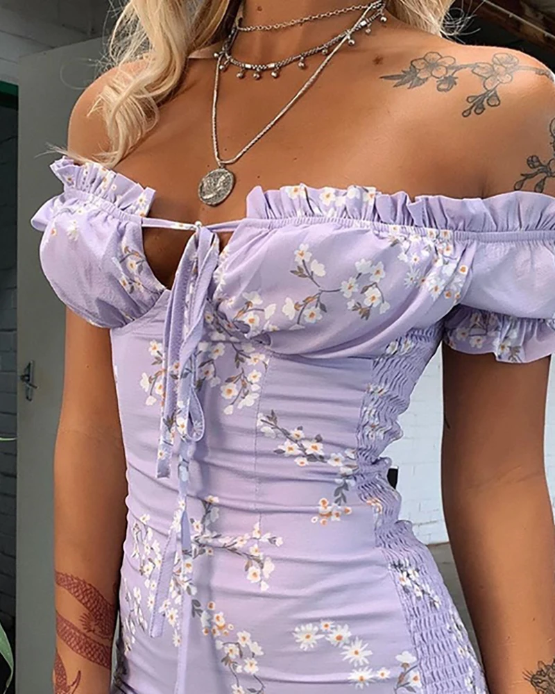 

Summer Dress Off Shoulder Casual Lace Up Slim Fit Elastic Mini Dress Floral Print Off Shoulder Ruffles Dress
