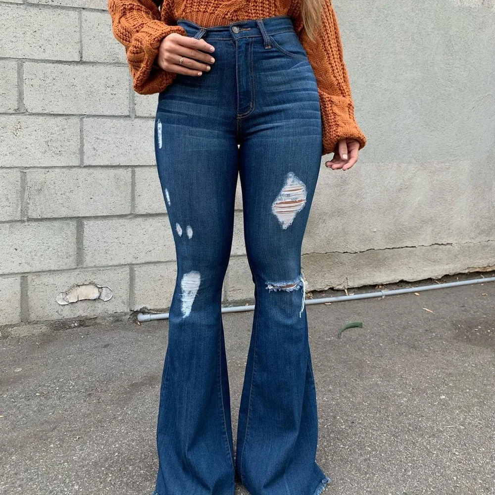 

New Arrival Women's Fashion All-Match Jeans Wide-Leg Pants Washed Ripped Jeans Stretch Slim Fit Hip Flared Pants