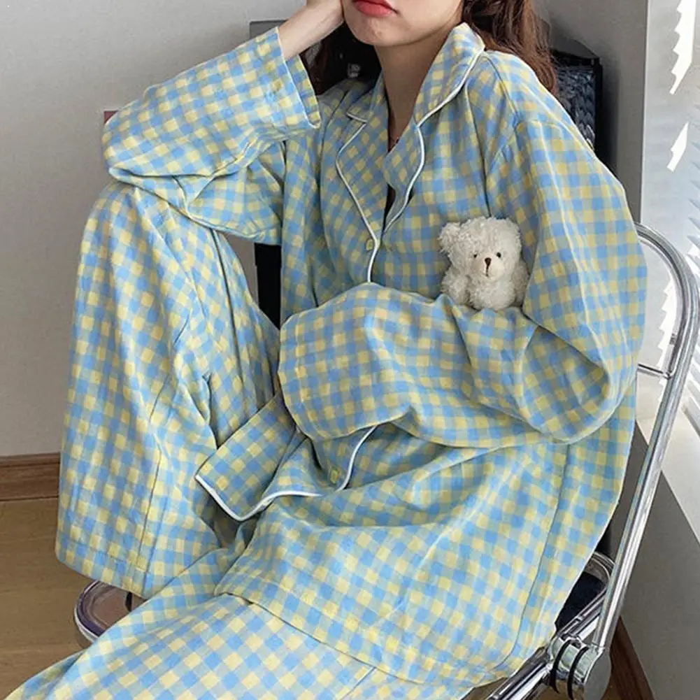 

Корейский фиолетовая решетка пижамы для девочек, милый зимний комплект одежда для сна с длинными рукавами, домашняя одежда для отдыха свобо...