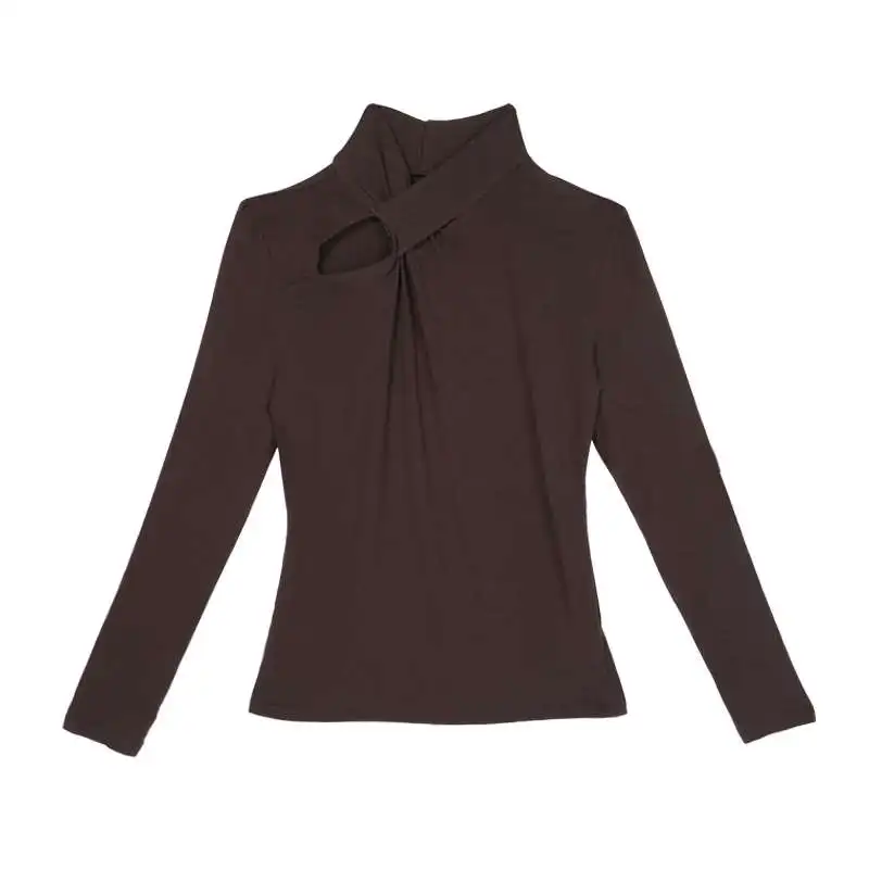 

Real Photo 2021 Spring Autumn New Half High Collar Bottomed Shirt With Foreign Style Clavicle Hollow Out Top Long Sleeve T-Shirt