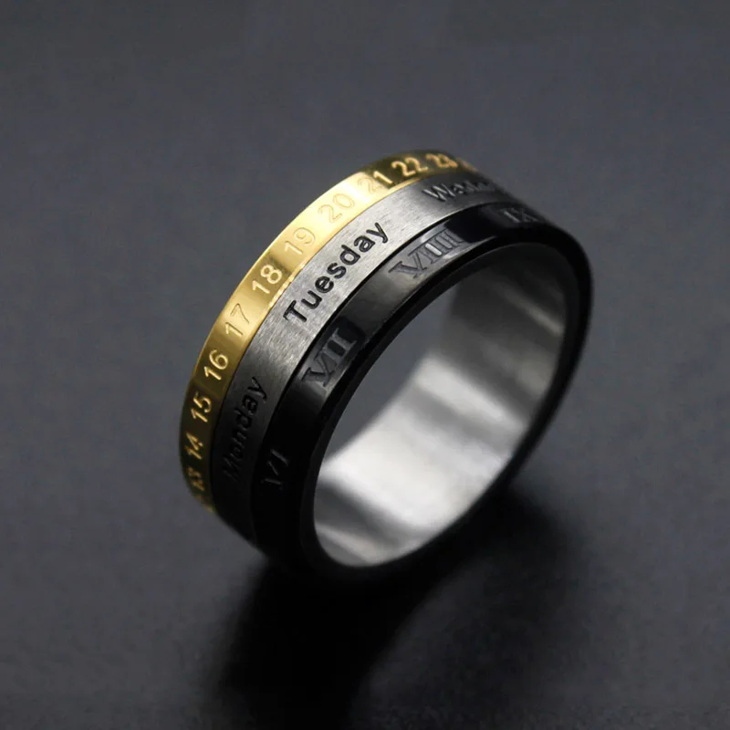 

8mm Rotating Stainless Steel Metal Not Fade Gold Black Silver Color Roman Digital Calendar Band Ring