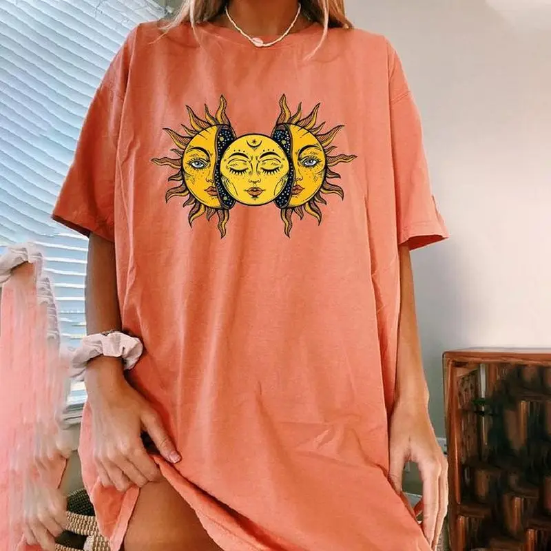 

Harajuku Sun Print Tee Shirt Oversize Femme Summer Casual Loose Orange Short Sleeve T Shirt Women 2021 Plus Size Tops T-shirts