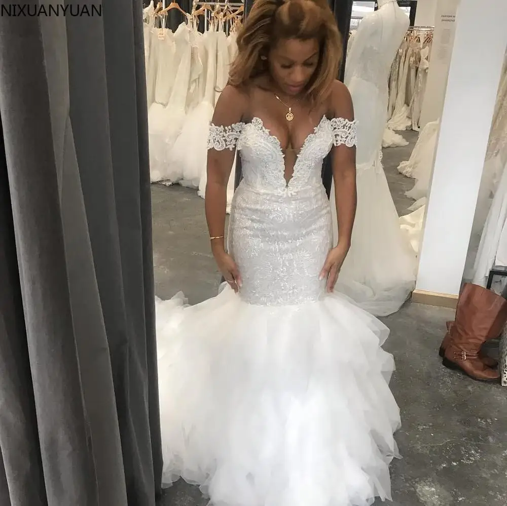 

Glamorous Satin Mermaid Wedding Dresses Off The Shoulder Appliques Bridal Gowns Lace Up Back Custom Made Bride Dresses