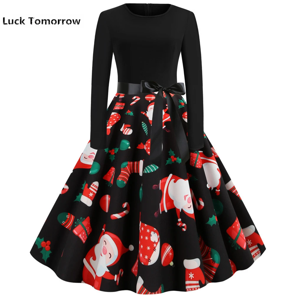 Черное платье миди с принтом для рождественской вечеринки женское элегантное