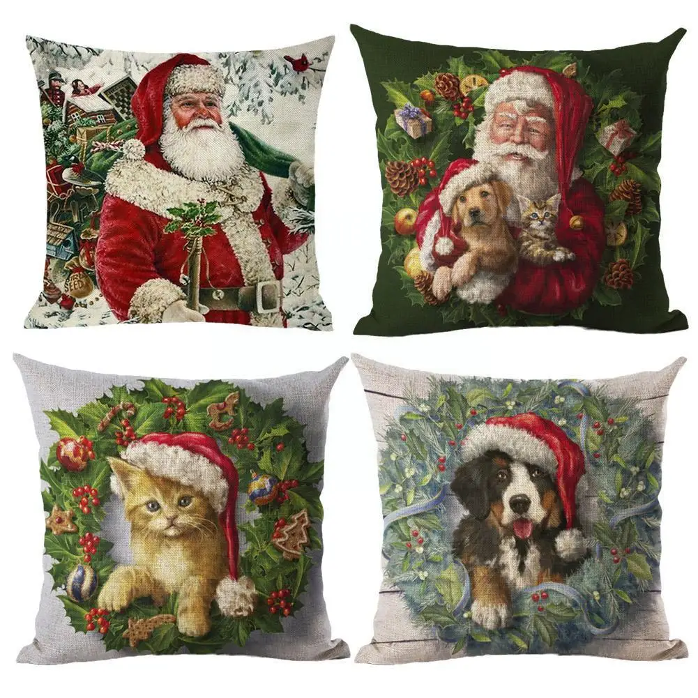 

Двухсторонняя льняная Рождественская наволочка 45*45 см, мягкая хлопковая декоративная наволочка с Санта-Клаусом H0v1