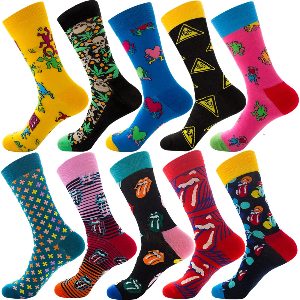 

10 Pairs/lot Men Socks Happy Striped Plaid Food Fruits Socks Men Combed Cotton Calcetines Hombre Harajuku Skateboard Dress Socks