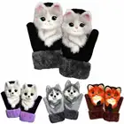 Теплые милые перчатки с отворотами для девочек с животными, плюшевые прикрепленные к игрушке, вязаные флип-аксессуары для зимней одежды, детские варежки для кошек и собак