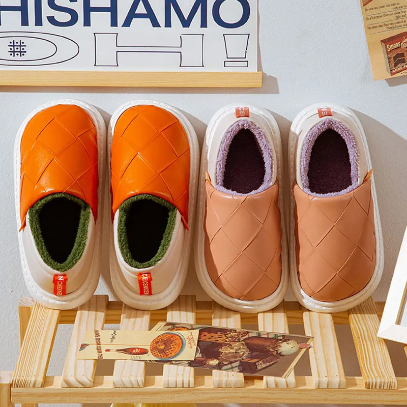 Женские зимние тапочки из искусственной кожи Нескользящие домашние на толстой