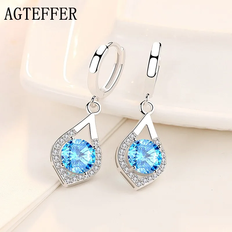 

AGTEFFER New 925 Sterling Silver White/Blue/Pink Zircon Water Drop Earrings Ladies Fashion Wedding Party Jewelry Gift