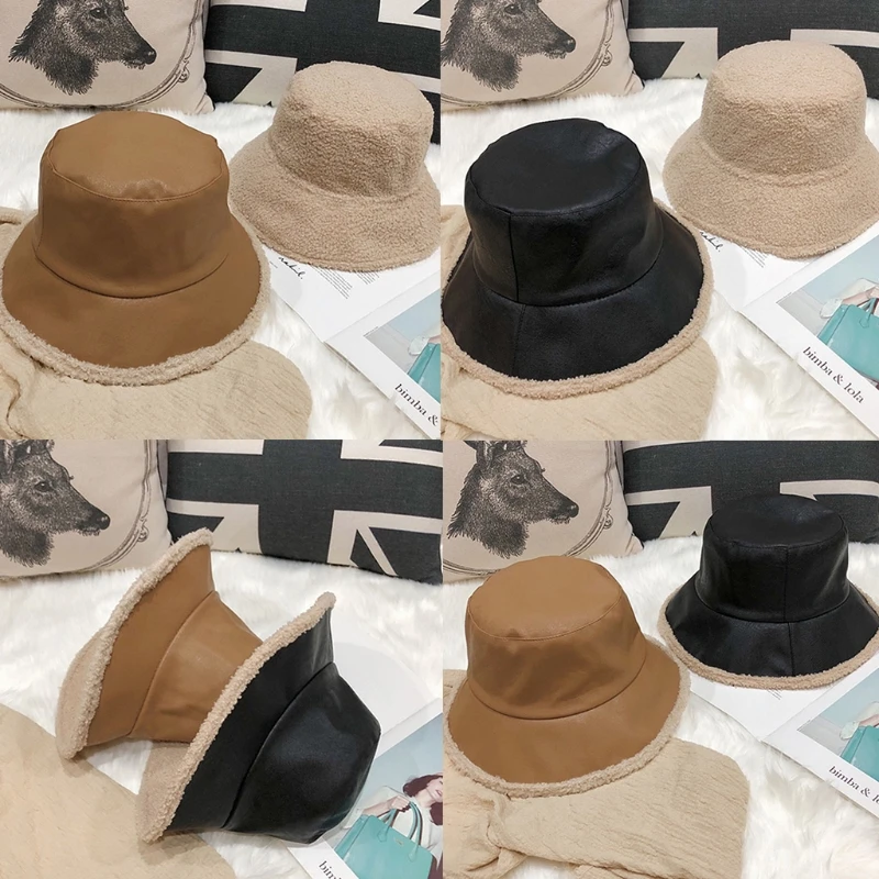 

Unisex Reversible Bucket Hat Faux Leather Fleece Warm Packable Fisherman Cap M5TE