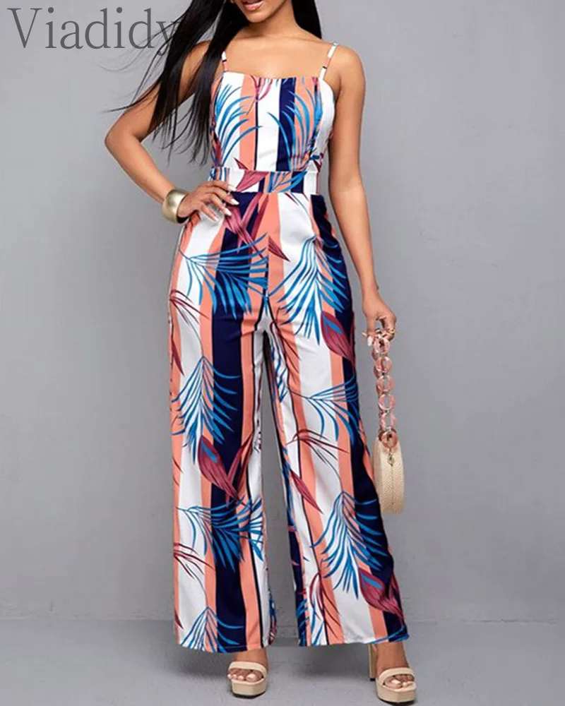 

Women Spaghetti Strap Print Slim Wide Leg Jumpsuit Size S-XL