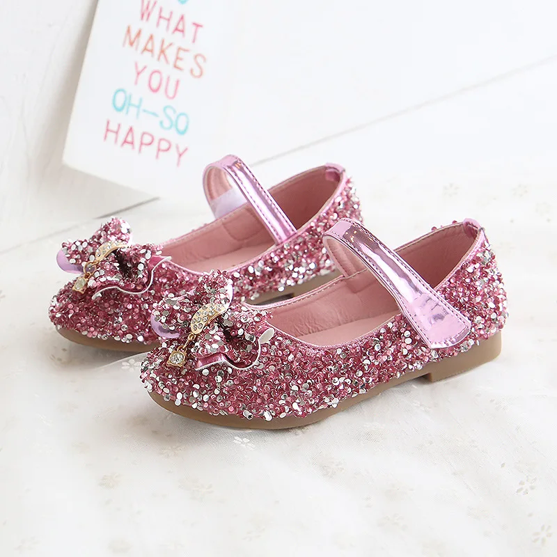 

Children Leather Shoes For Girls Toddlers Big Kids Dress Shoes For Wedding Party Glitter Sequined Fabric With Bow Size 21-35