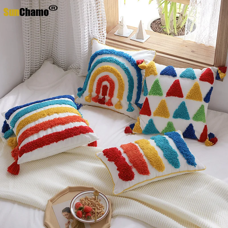 

Rainbow Decoration Cushion Cover Morocco Style Colorful Pillow Cover 45x45cm/30x50cm Tassels Handmade Home Decorative