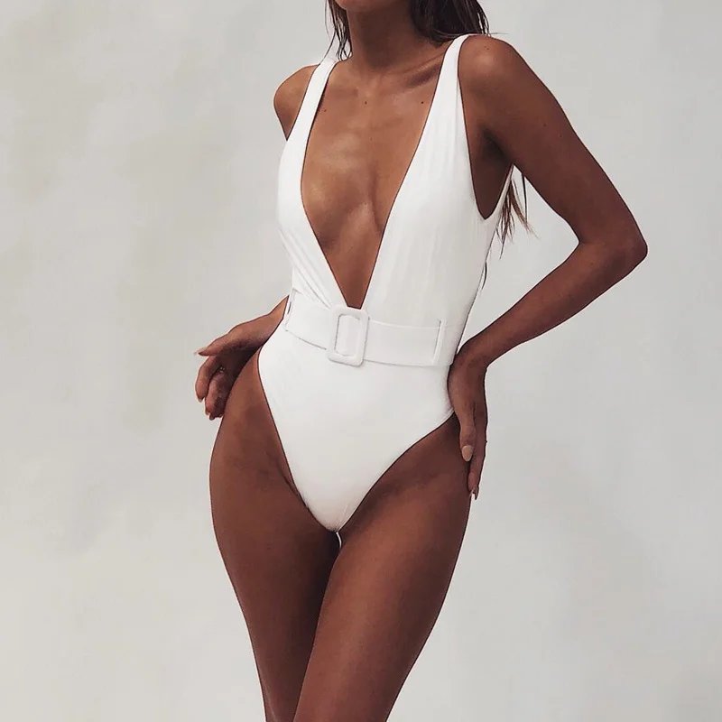 Женский цельный купальник бразильский бандажный с высоким вырезом и открытой