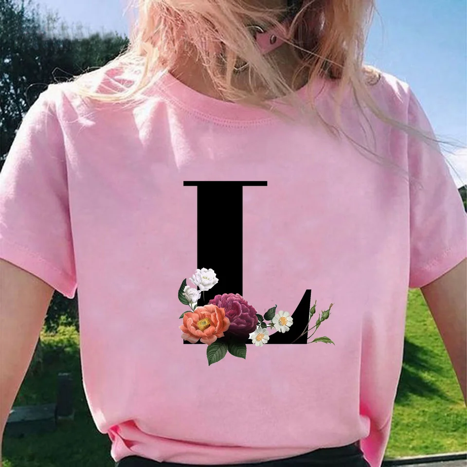 

Fashion Women Tshirt Floral 26 Alphabet Font Print Pink Casual Tshirt Female Summer Short Sleeve Harajuku Top Tees Streetwear