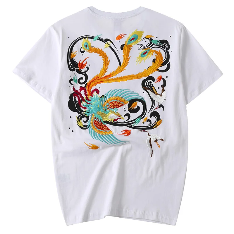 Футболка мужская с коротким рукавом и вышивкой птицы Феникс хлопковая Свободная