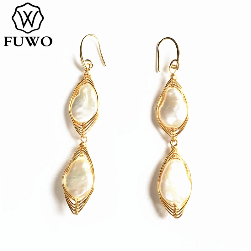 FUWO модные дизайнерские серьги из пресноводного жемчуга с золотой отделкой проволочной каймой высококачественные серьги-капельки для женщ...