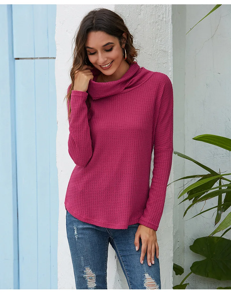 

Y2k za Autumn women's clothing pile collar knitted solid color comfortable T-shirt long sleeve women cryptographic sheines