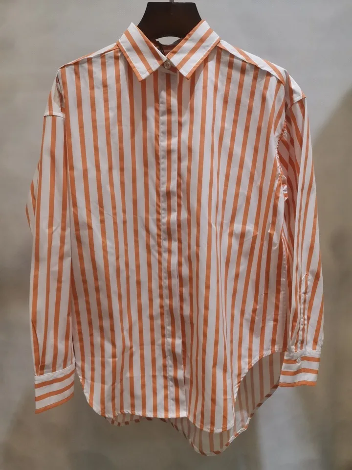 

2021 Early Spring New Ladies Loose and Thin Vertical Stripes Cotton Shirt Stand Collar Long Sleeve Blouse Women
