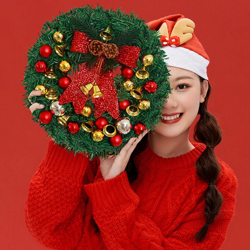 

Christmas Welcome Sign Lighting Wreath Classic Seasonal Front Door Decor Round Xmas Party Dress up Ornament 30cm TH