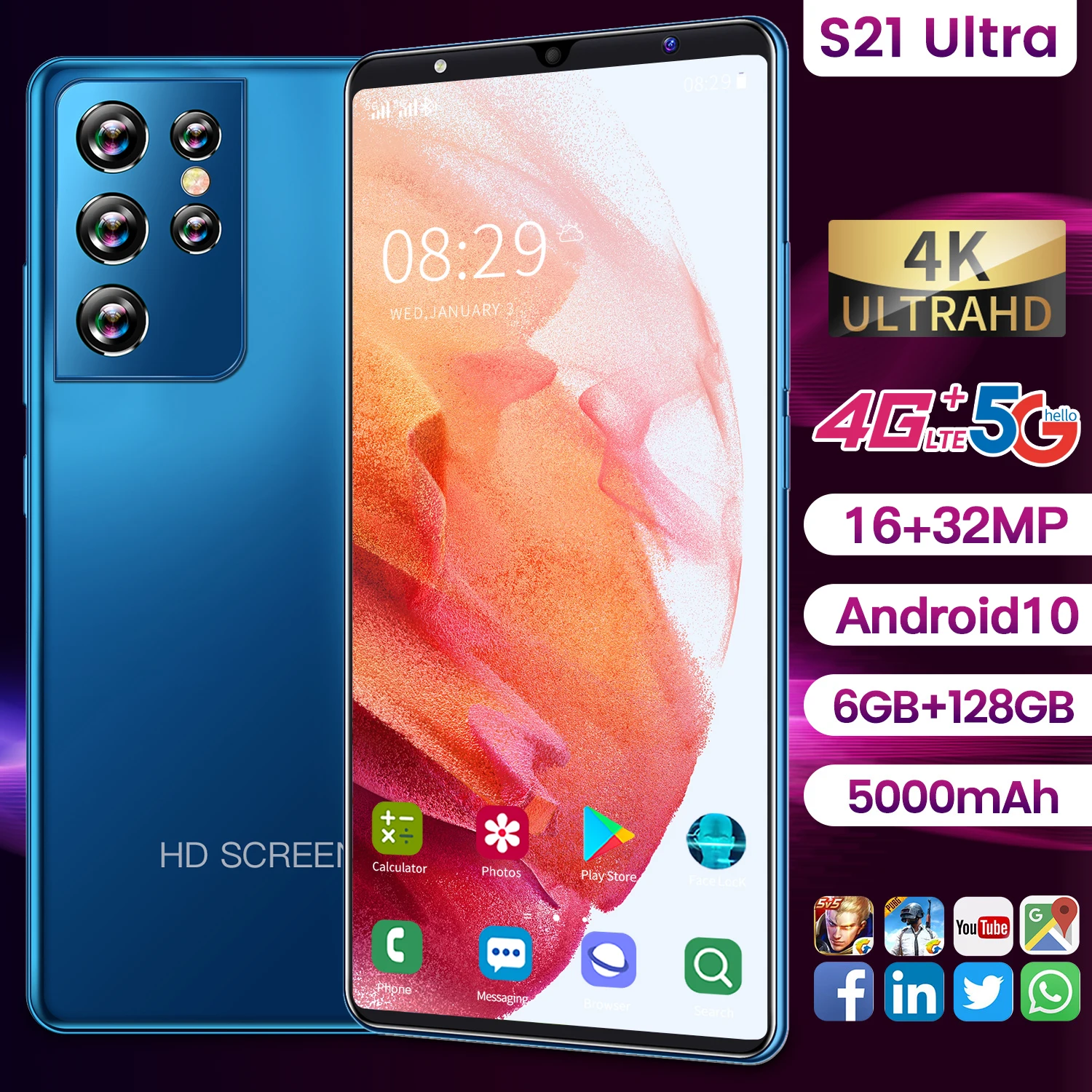 

Global Version 5.0 Inch S21 Ultra Smartphone 5000mAh 12+512GB Unlocked Android 10 4G LTE 5G Mobile Phone Support Google Play GPS