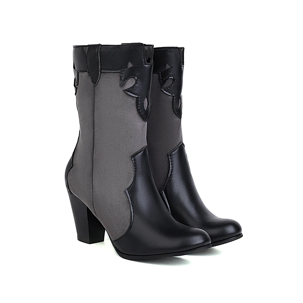 

Oversized Microfiber Stitching Frosted Leather Chimney Boots Super High Tapered Heel And Color-Blocking Women's Mid-Calf Boots