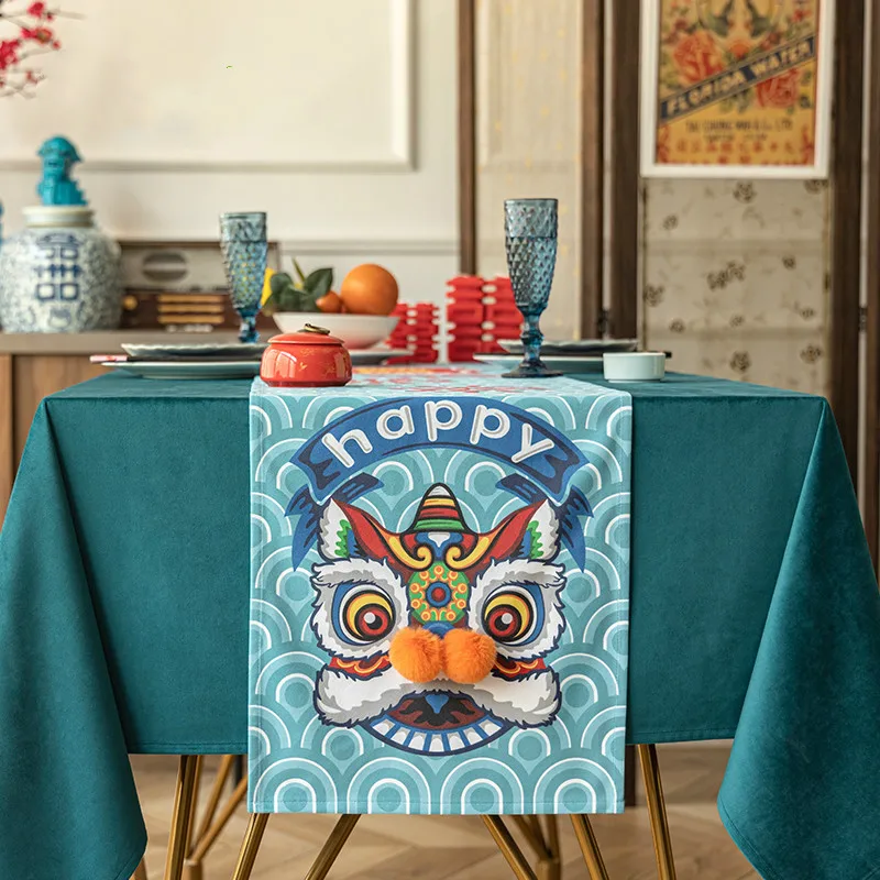 

Table Runner Party Dinner Tablecloth Joy Chinese Traditional Dance Lion Embroidery Soft Waterproof Table Cover Fabric