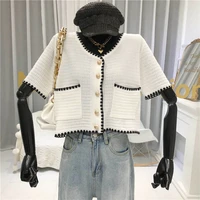 2022 elegant knit t shirt women summer casual short sleeve buttons cardigan knitted sweaters designer short jacket clothes