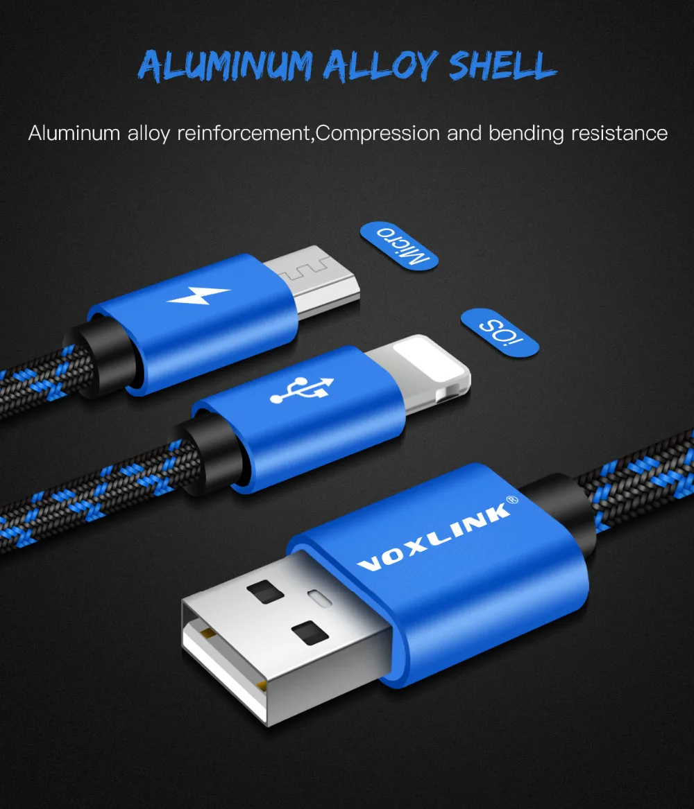 VOXLINK 2 в 1 USB кабель Micro 8Pin usb кабель для зарядки и передачи данных для iPhone x 8 8plus 6 6s samsung htc huawei Xiaomi USB TypeC кабель