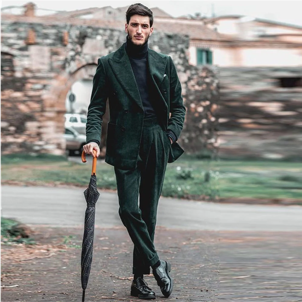 

Темно-зеленый вельветовый деловой мужской костюм, 2 шт., Блейзер, пиджак с лацканами по индивидуальному заказу и брюки, приталенный пиджак дл...