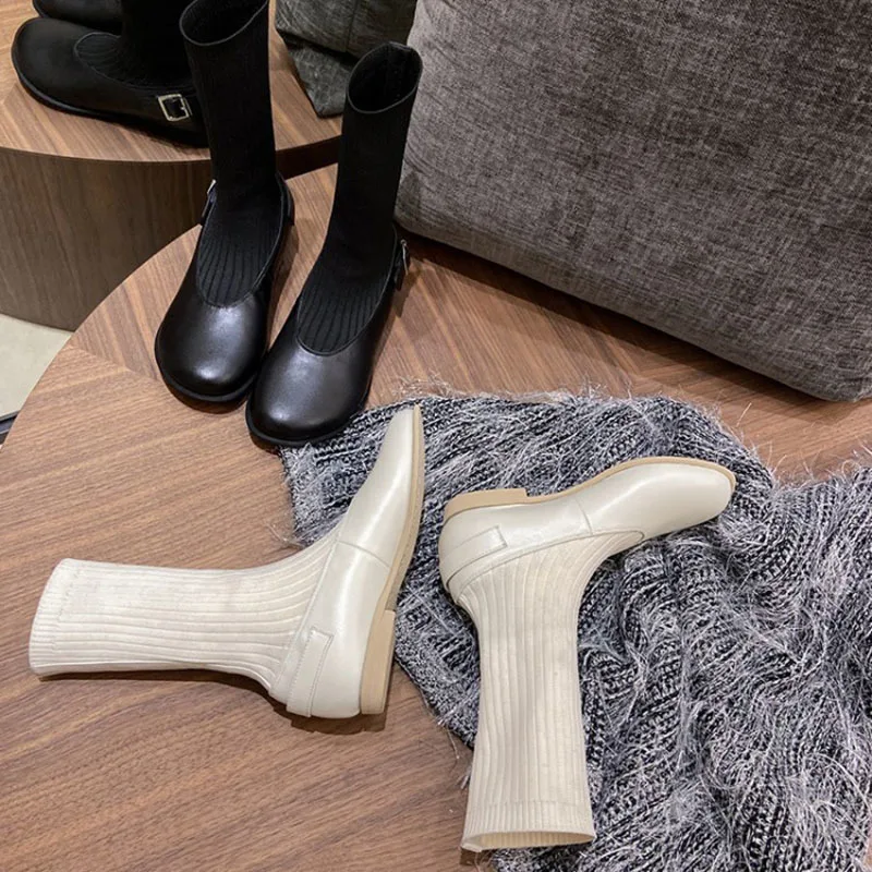 

New Internet Celebrity Same Boots Autumn Winter Leather Round Head Comfortable Flat Bottom Women Stretch Knitted Casuals