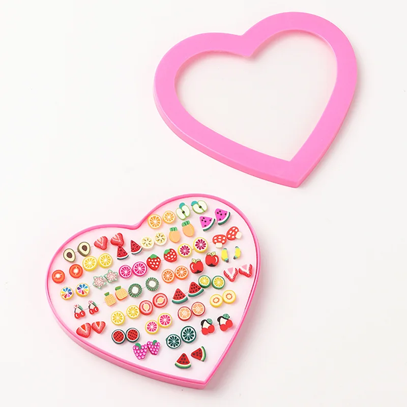 

Multicolor 36 Pairs Cartoon Hypoallergenic Plastic Stud Earrings Set for Women Girls Animal Fruit Earring with Heart Box Jewelry