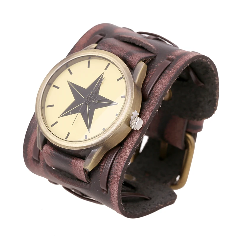 W01380 brown Винтажные Ретро Большие широкие часы с ремешком из натуральной кожи, мужские панк кварцевые часы-манжета, наручные часы, браслет, браслет, relogio masculino - Цвет: W01380 brown