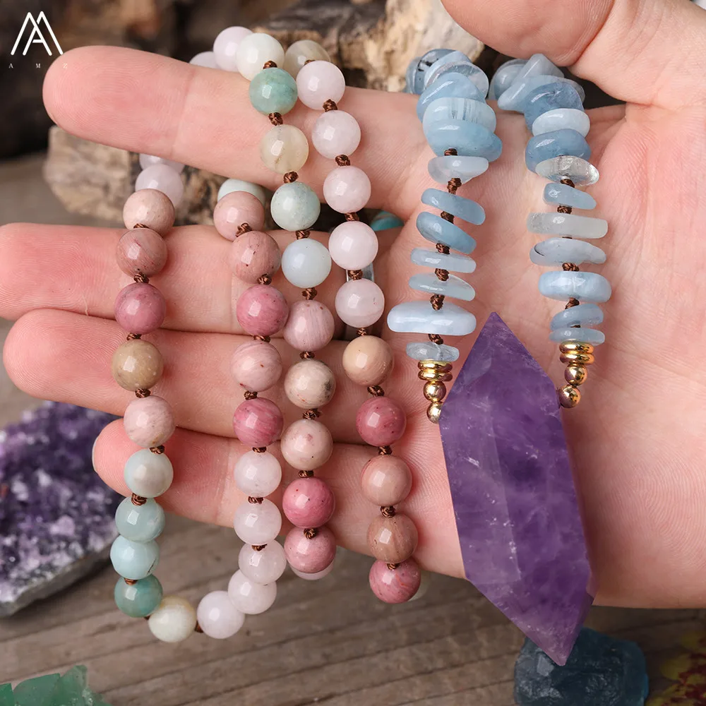 

Natural Amethysts Quartz Double Point Pendant Rhodonite Amazonite Aquamarines Chip Beads Knotted Handmade Necklace For Women