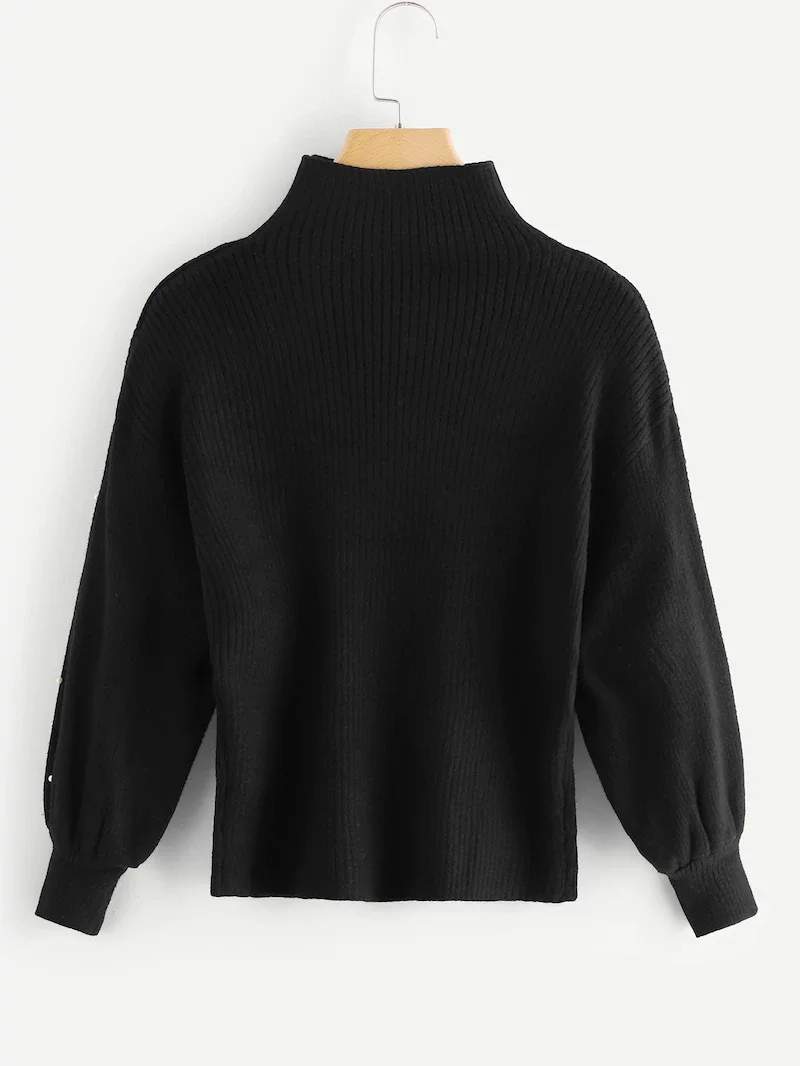 

ZPT203 Women's new vertical collar long sleeve Pearl solid color bag cuff sweater