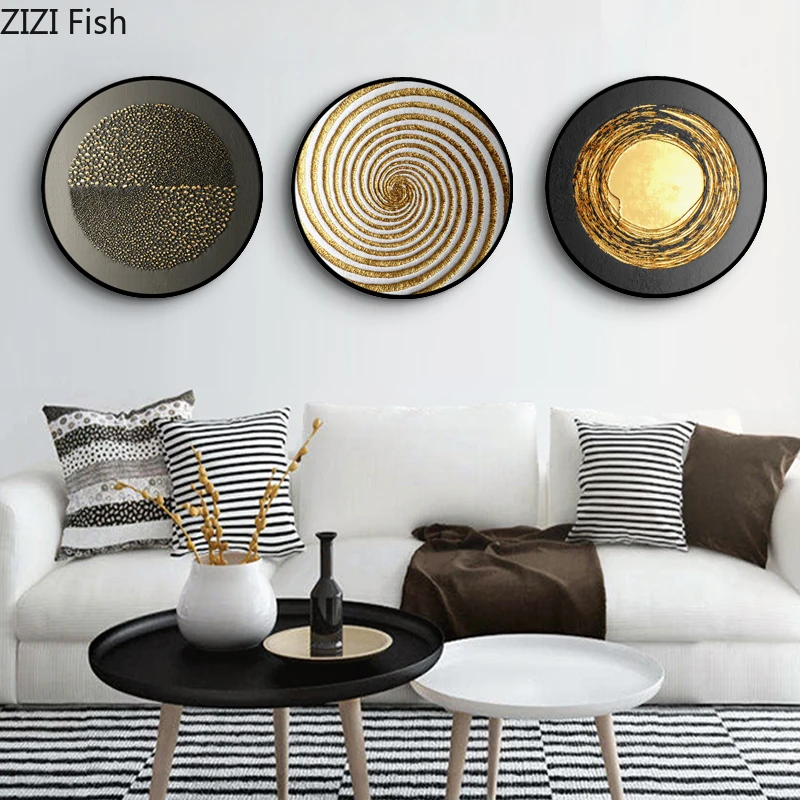 Круглая абстрактная Настенная картина с золотым узором настенное украшение