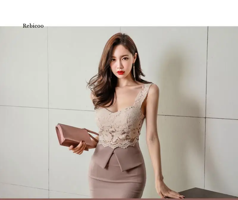 

Lace Bodycon Dress for Woman Korean Pink Split Sleeveless V Neck Summer Female Sling Sexy Party Dresses Vestido De Fiest