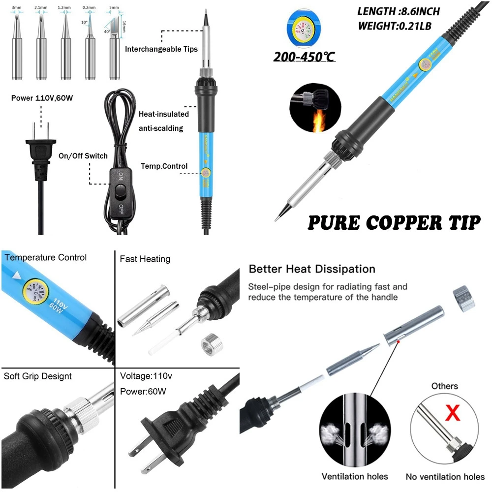

handskit 60W 110V/220V Electric Soldering Iron Kit with Adjustable Temperature Welding Iron Electronic Repair Tool