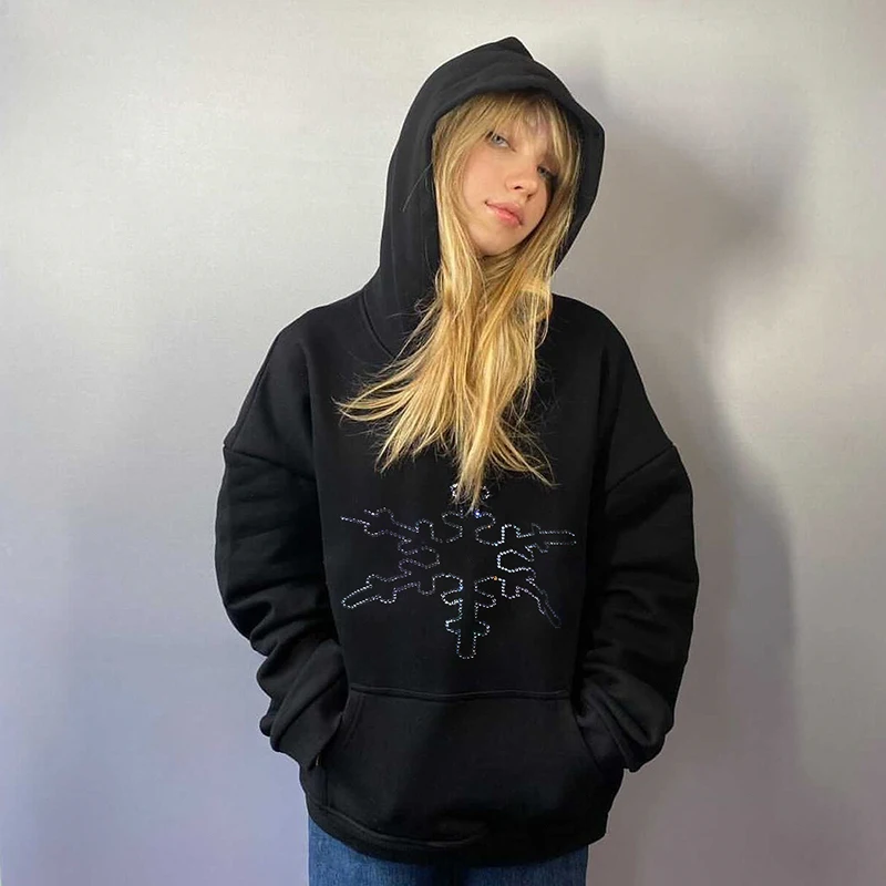 

Waatfaak Streetwear Black Oversize Hoodie Women Aesthetic Grunge Printed Goth Hoodie Pullover Dark Academia Sweats Pocket Autumn